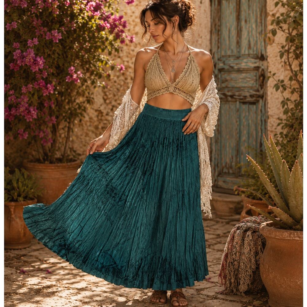 Vintage Honors Teal Rayon Broomstick Maxi Skirt Boho Lagenlook Medium